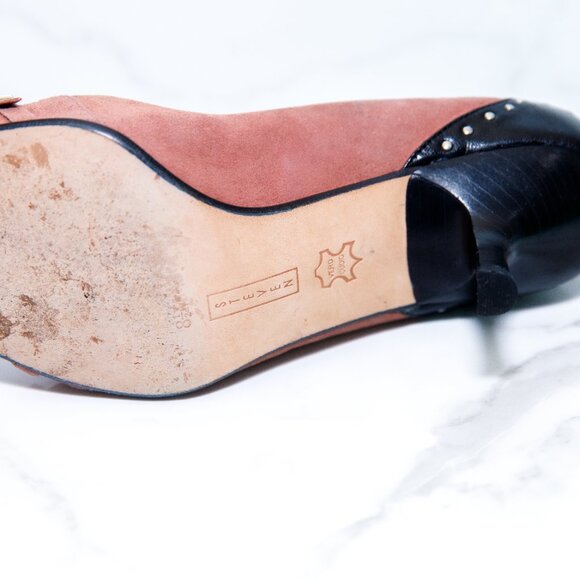 Vintage Steven by Steve Madden Red Black Leather Suede Kitten Heel Heart Studs - Picture 8 of 10